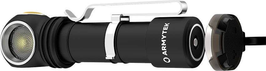 Schwarze Taschenlampe mit abnehmbarem Magnetverschluss und Clip, Marke 'Armytek', geeignet für vielseitige Anwendungen.