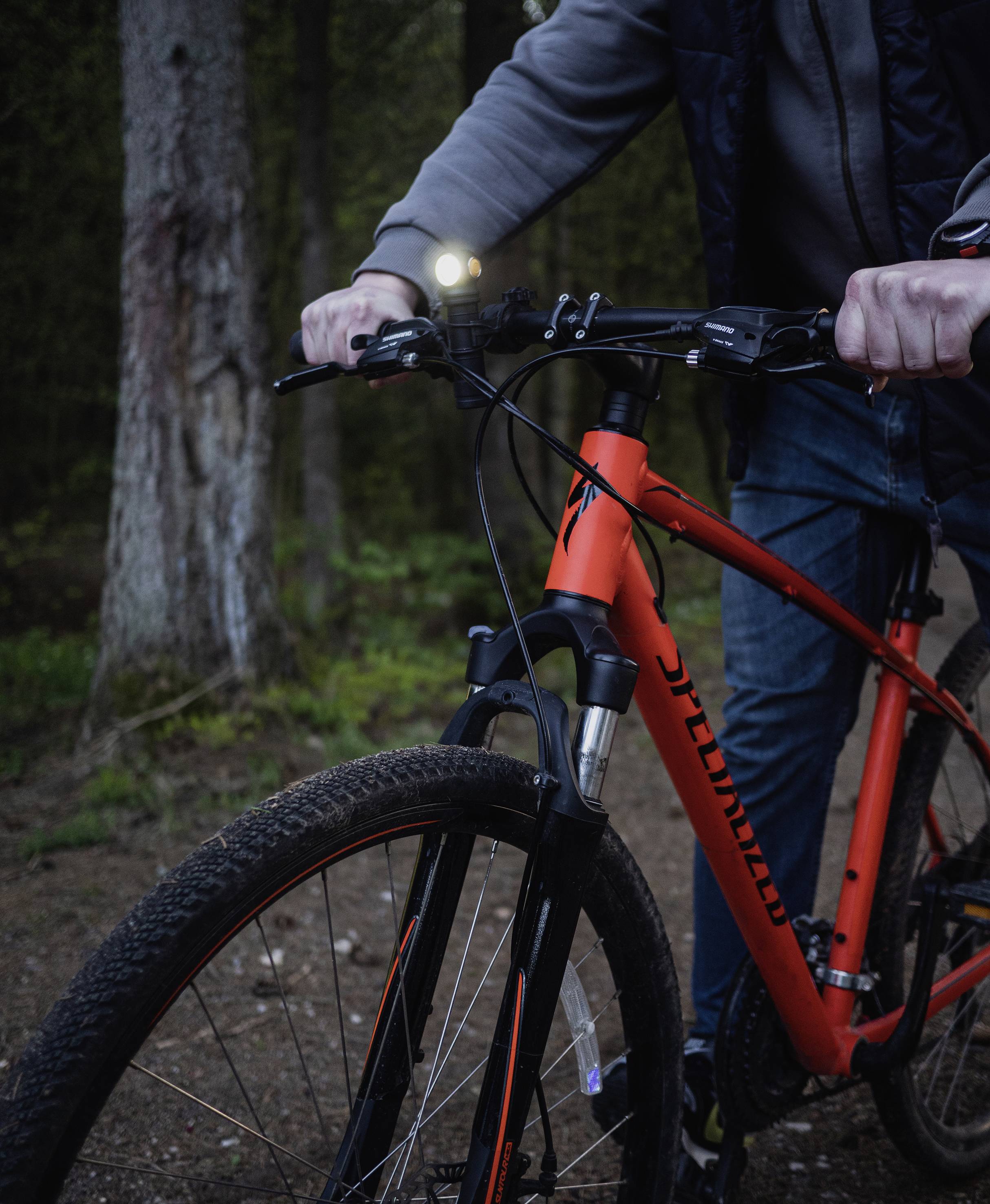 Eine Person fährt ein rotes Mountainbike auf einem Waldweg. Die Hände halten den Lenker fest, während sie durch den Wald navigiert.