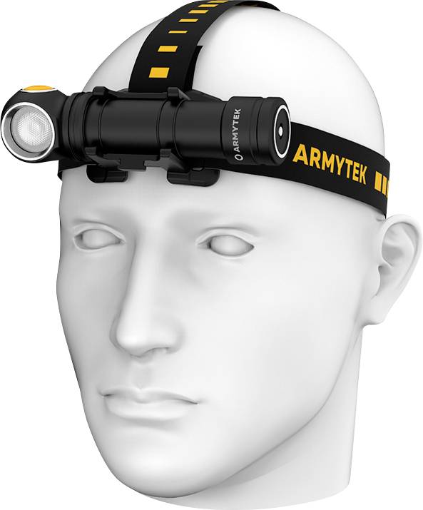Ein Modellkopf trägt eine Stirnlampe mit verstellbarem Band. Die Stirnlampe ist schwarz mit gelben Akzenten und hat seitlich den Schriftzug 'ARMYTEK'.