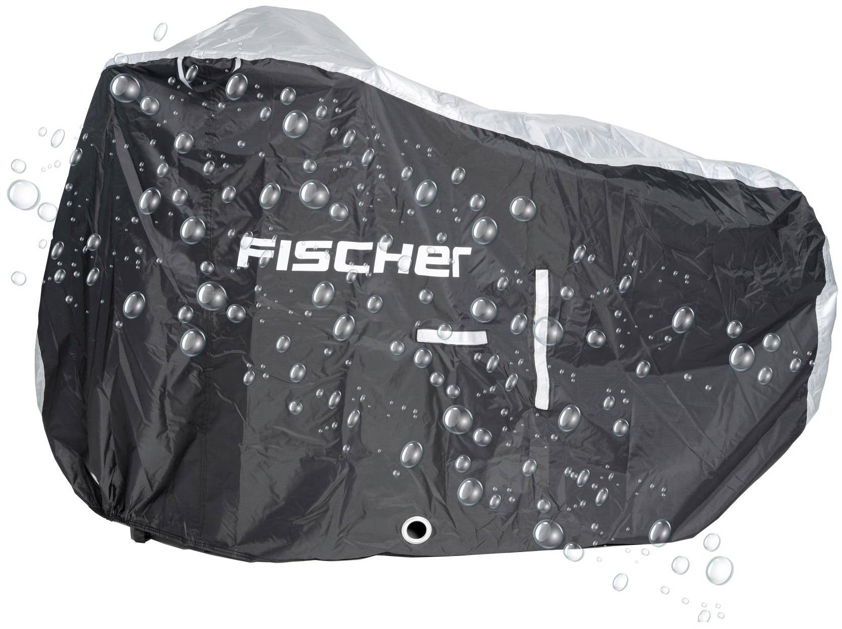 Eine schwarze Abdeckung mit dem weißen Schriftzug 'Fischer'. Über die Abdeckung sind Wassertröpfchen verteilt, was auf Wasserdichtigkeit hinweist.