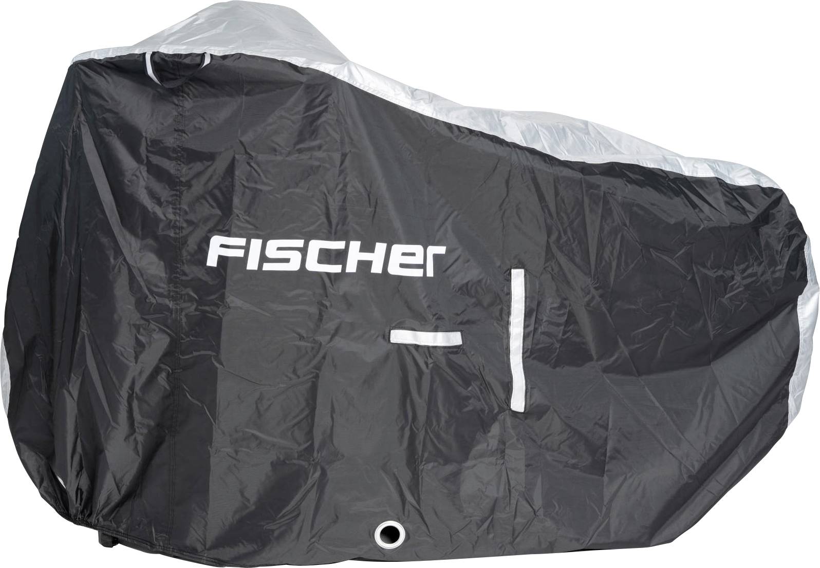 Schwarze Abdeckung für ein Fahrrad mit weißer 'Fischer'-Aufschrift, schützt vor Witterungseinflüssen.