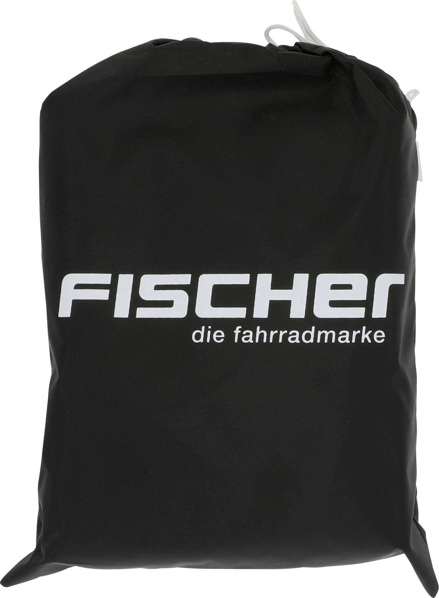 Eine schwarze Tasche mit weißem Aufdruck 'Fischer die fahrradmarke'.
