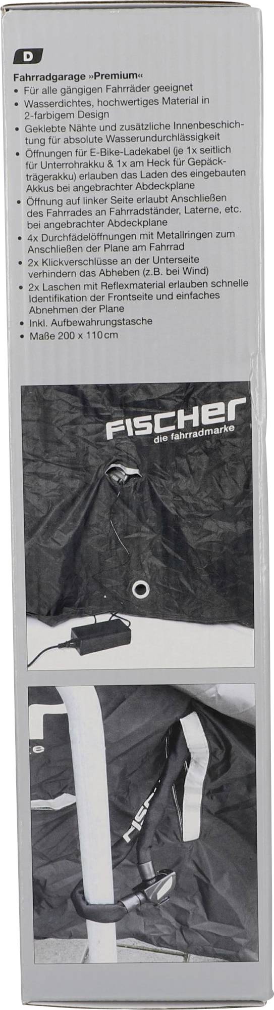 'Fahrradgarage Premium' von Fischer, schwarz. Schützt E-Bikes vor Witterung. Mit Reißverschluss, Lüftungsöffnung und verstellbar. Größe: 200 x 100 cm.