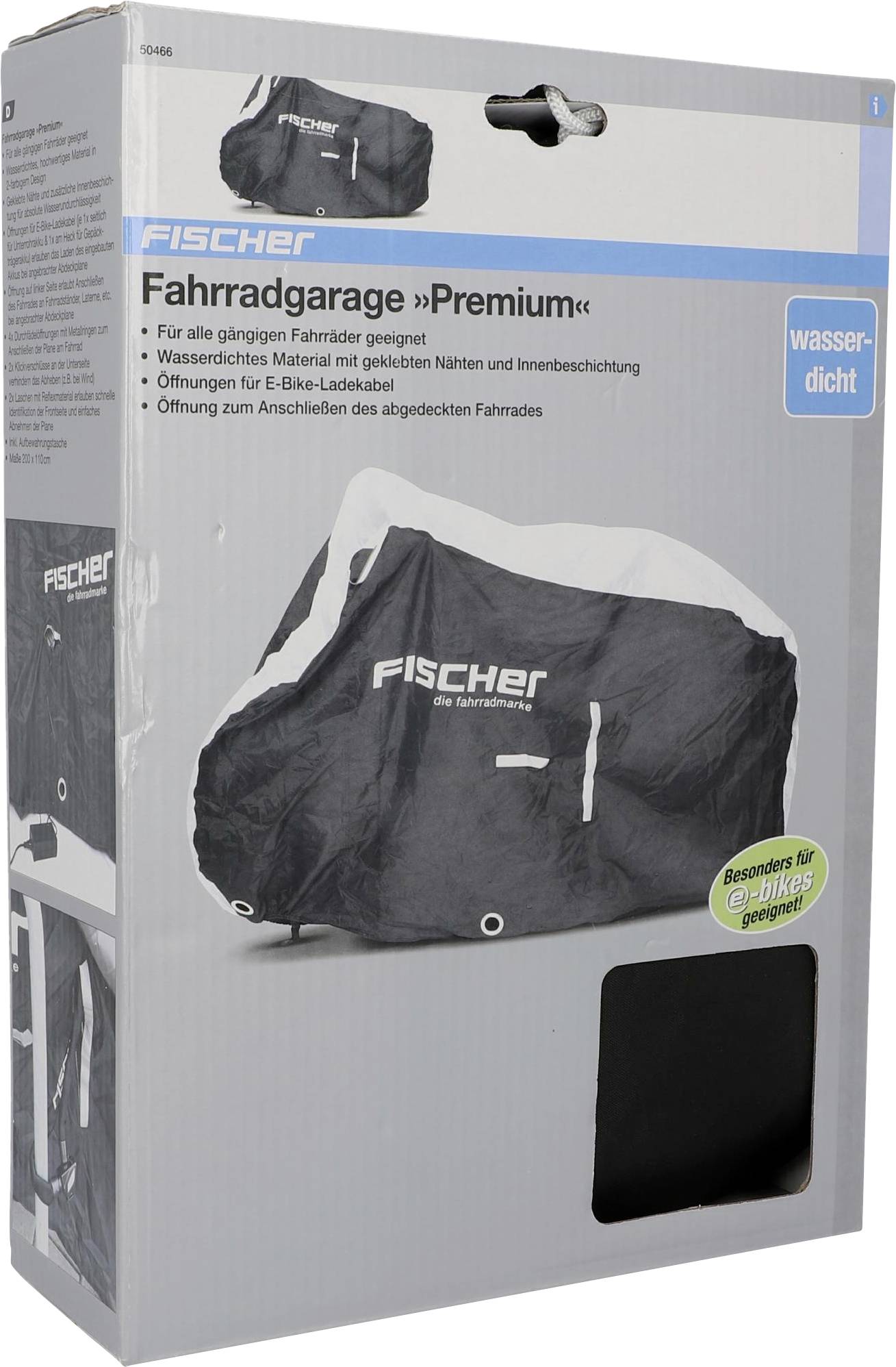 Verpackung für 'Fahrradgarage Premium', wasserfest, geeignet für alle Fahrradtypen, mit Öffnung für E-Bike-Ladekabel.