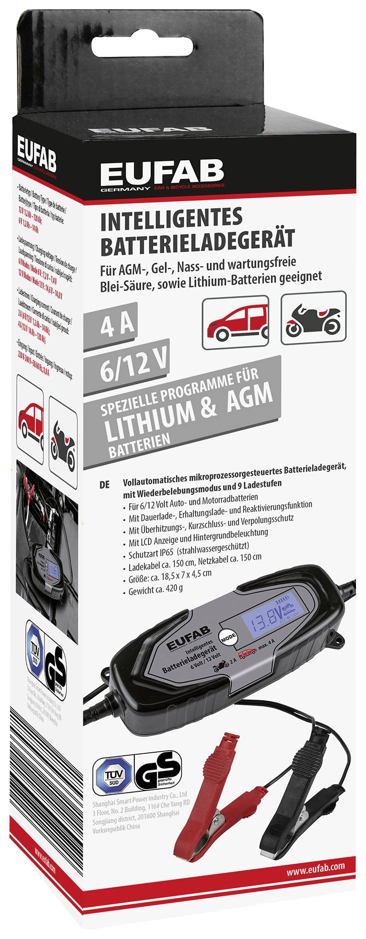 Eufab Intelligentes Batterieladegerät 6/12V 4A, auch für Lithiumbatterien 16647 Kfz-Ladegerät, Automatikladegerät 12 V, 6V 2A 4A