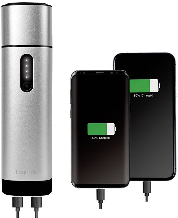 LogiLink PA0266 Powerbank 10000 mAh Fast Charge LiPo USB-A, USB-C® Metallic Grau (matt) Taschenlampe
