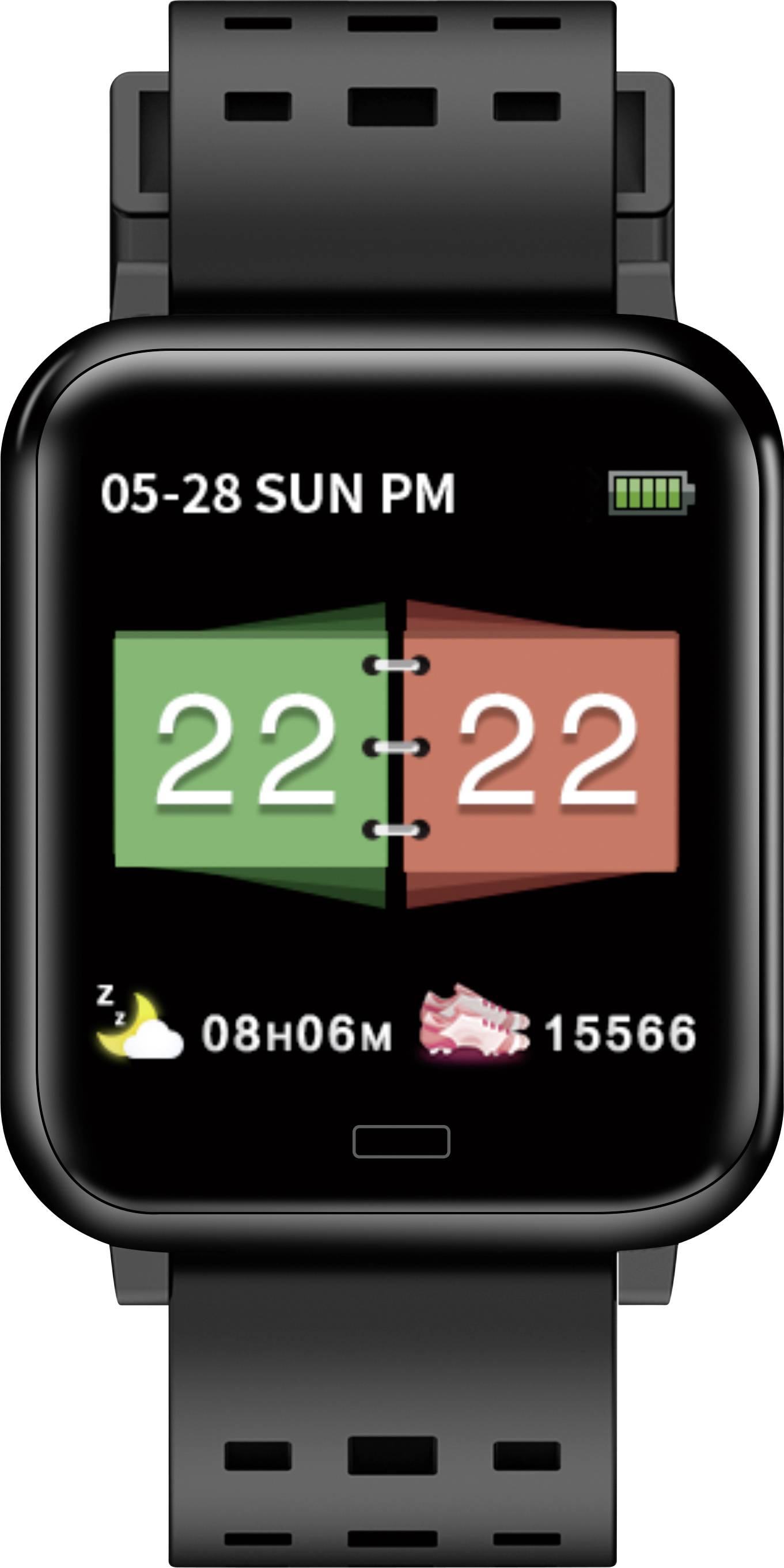 Schwarze Smartwatch mit Anzeige der Uhrzeit '22:22', Datum '05-28 SUN', Akkustand, Schlafdauer '08h06m' und Schrittanzahl '15566'.