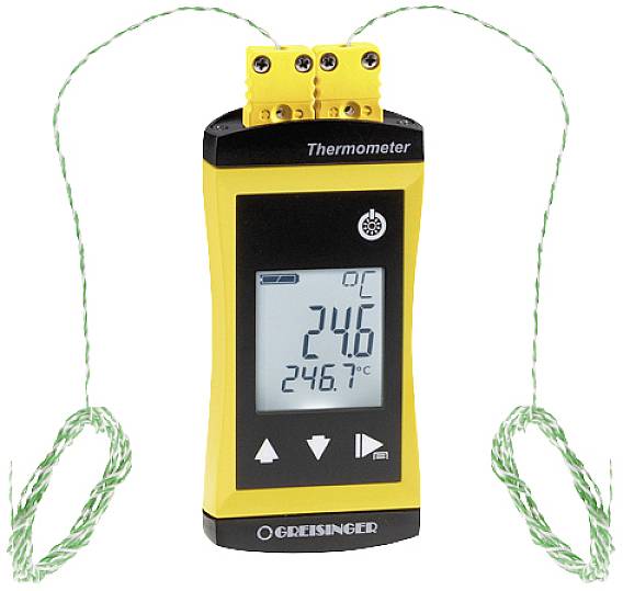 Digitales Thermometer mit zwei Kabelthermoelementen, zeigt 24,6 °C an. Gehäuse ist gelb mit schwarzem Displaybereich.