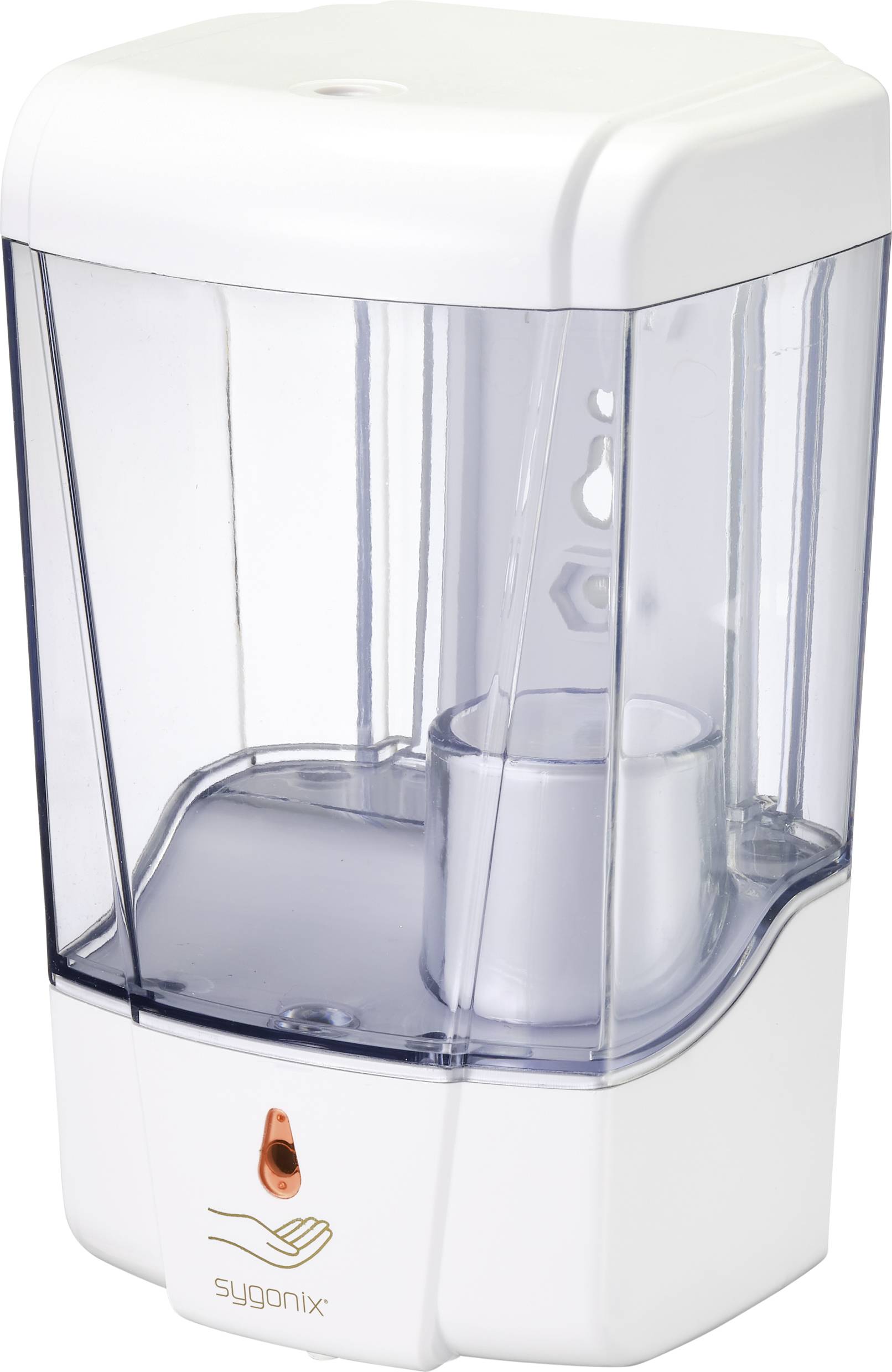 Weißer automatischer Seifenspender mit durchsichtigem Reservoir, geeignet für berührungslose Flüssigkeitsabgabe in Badezimmern oder Küchen.