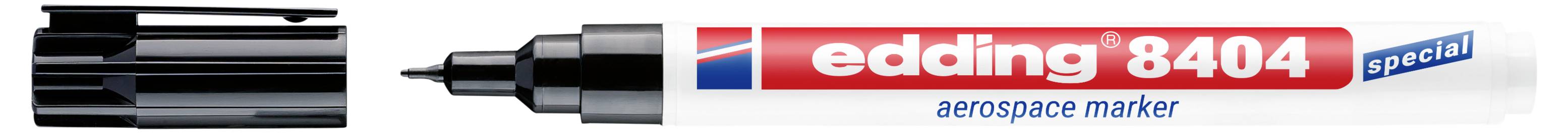 Ein Edding 8404 Spezial-Luft- und Raumfahrtmarker mit daneben gezeigter Kappe, schwarzer Markerspitze und weißem Markenlogo.