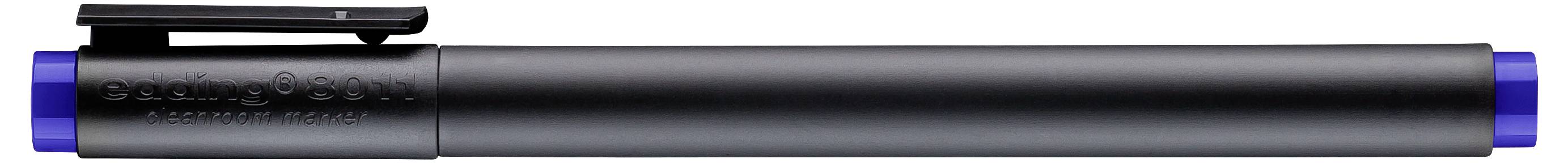 Schwarzer zylindrischer Stift oder Eingabestift mit blauen Enden, horizontal auf weißem Hintergrund dargestellt.