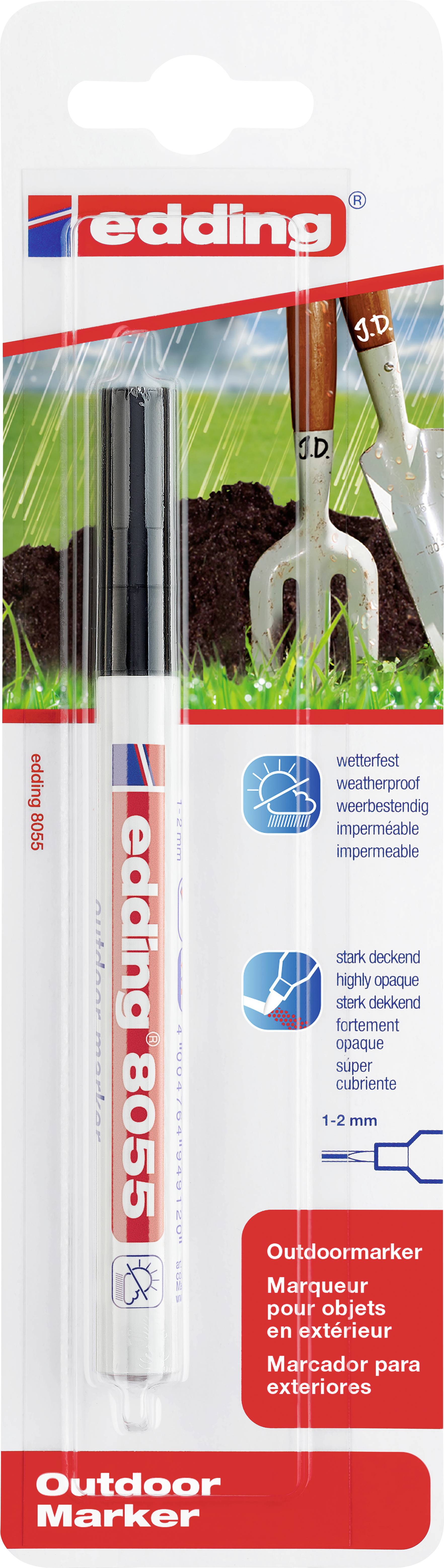 Outdoor-Marker von 'edding 8055' auf einer Verpackung. Wasserfest und lichtecht, geeignet für raue Oberflächen im Freien.