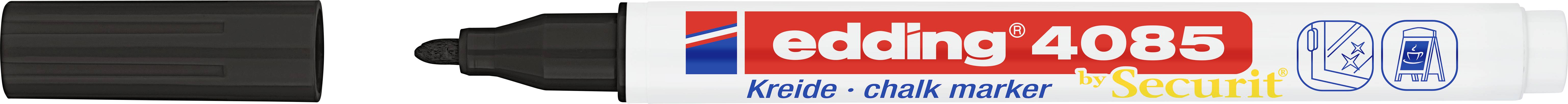 Ein Kreidemarker mit schwarzer Spitze und weißem Körper, beschriftet mit 'edding 4085 Kreide-Chalk Marker', geeignet für Tafeln.