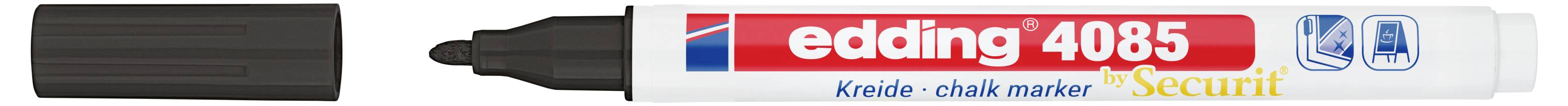 Weißer Edding 4085 Kreidemarker mit schwarzem Verschluss entfernt, zeigt schwarze Spitze und ein rot-weiß-rotes Etikett.