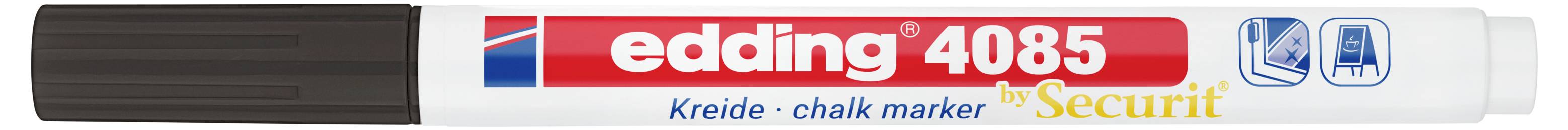 Weißer Edding 4085 Kreidemarker mit schwarzer Kappe, beschriftet mit „edding 4085 Kreide-chalk marker by Securit".