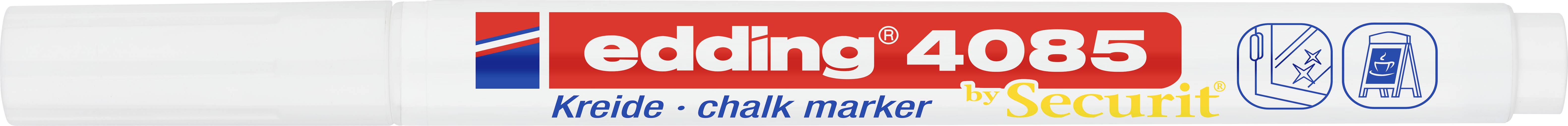 Weiße Kreide-Tafelstift mit Aufschrift 'edding 4085 Kreide - chalk marker Securit'.