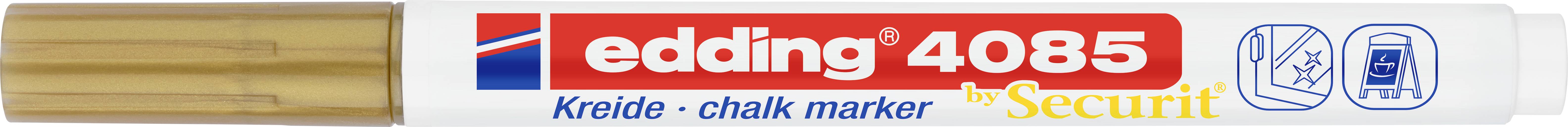 edding 4085 Kreidemarker in Weiß mit goldener Kappe, geeignet für nicht-poröse Oberflächen wie Glas und Spiegel.