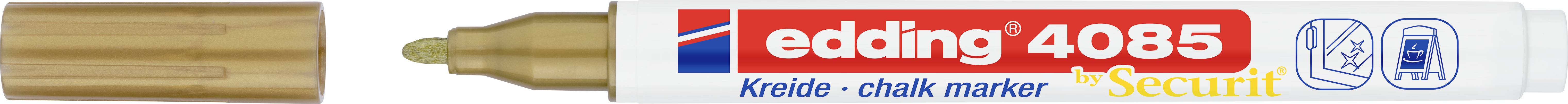 Kreidemarker mit goldener Spitze, Markenname 'edding 4085', fertig zum Schreiben oder Zeichnen.