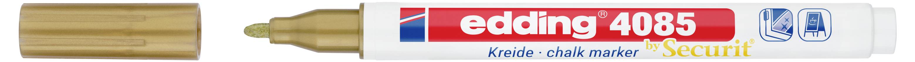 Goldener Kreidemarker mit abgenommener Kappe, gekennzeichnet mit edding 4085 Securit, horizontal auf weißem Hintergrund dargestellt.