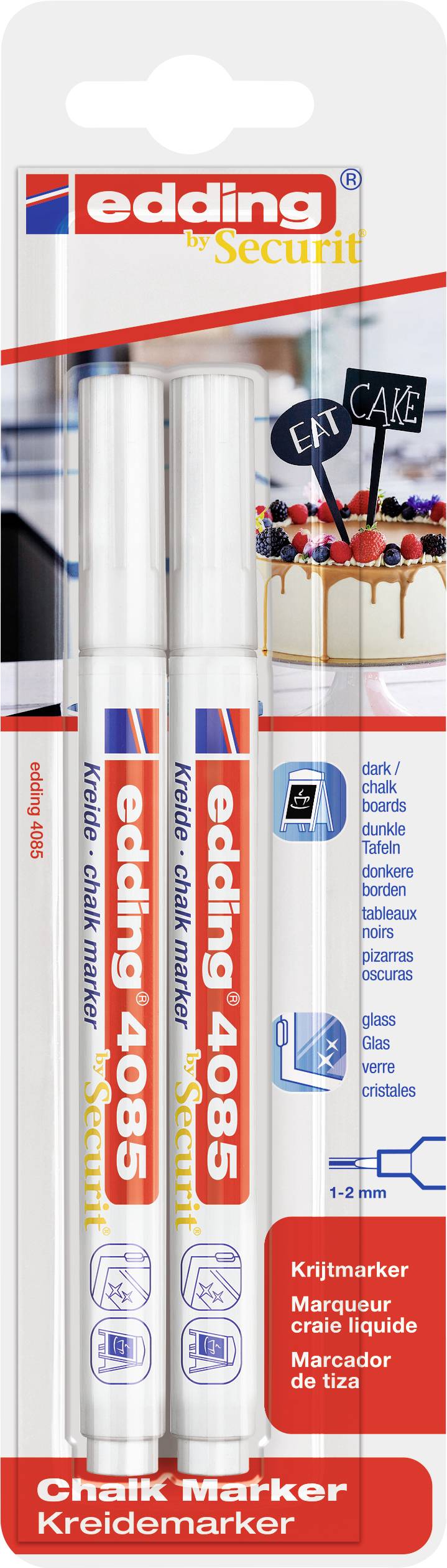 'edding 4085 Kreidemarker'-Verpackung zeigt zwei weiße Kreidemarker. Markenlogo oben, Anwendungen unten illustriert, wie Tafeldekoration.