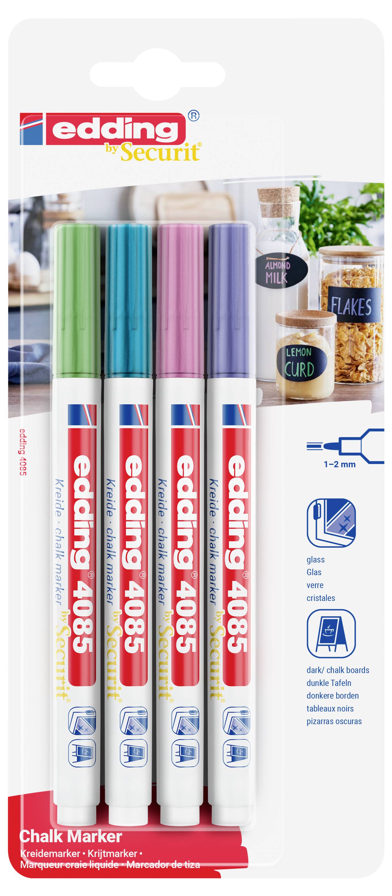 Edding 4085 4-4085-4-1MET Kreidemarker Blau (metallic), Grün (metallic), Pink (metallic), Violett metallic 1 mm, 2mm