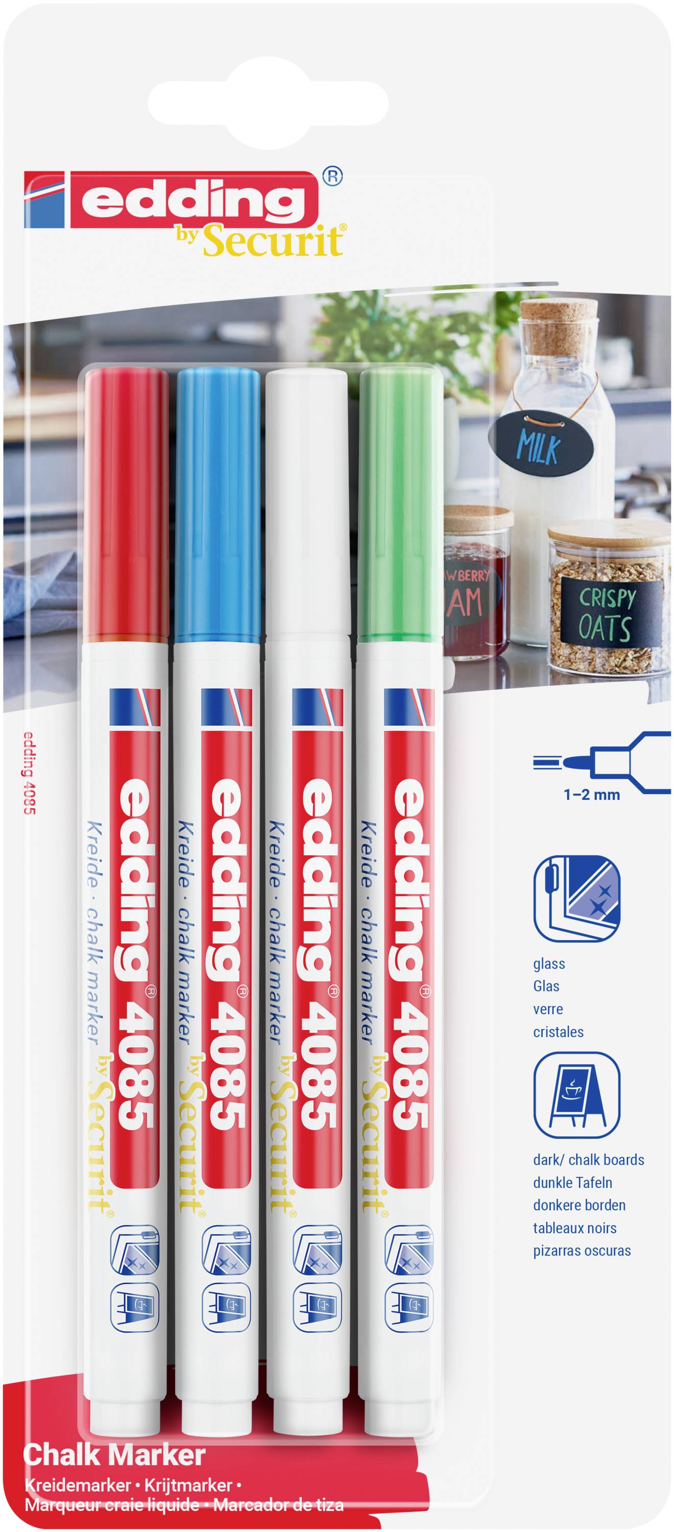 Edding 4085 4-4085-4-1BAS Kreidemarker Hellblau, Neongrün, Rot, Weiß 1 mm, 2mm