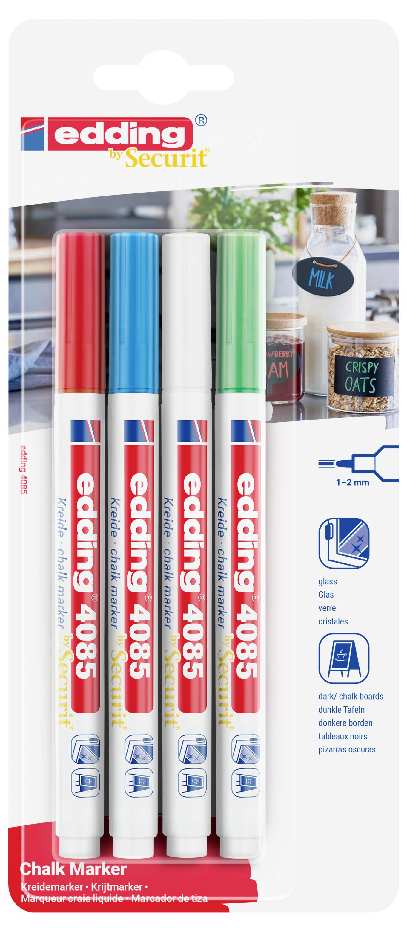 Edding 4085 4-4085-4-1BAS Kreidemarker Hellblau, Neongrün, Rot, Weiß 1 mm, 2mm