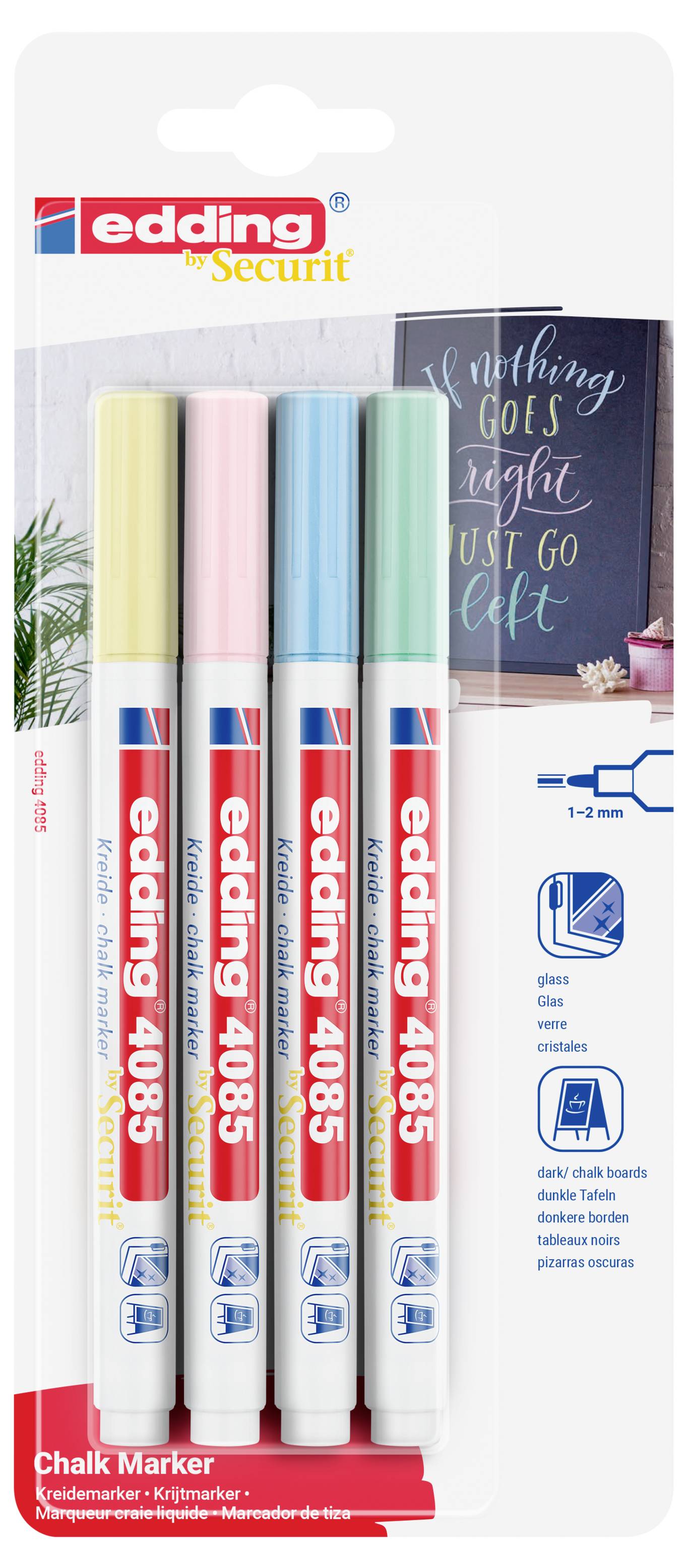 Edding 4085 4-4085-4-1PAS Kreidemarker Pastell-Blau, Pastell-Gelb, Pastell-Grün, Pastell-Rosa 1 mm, 2mm