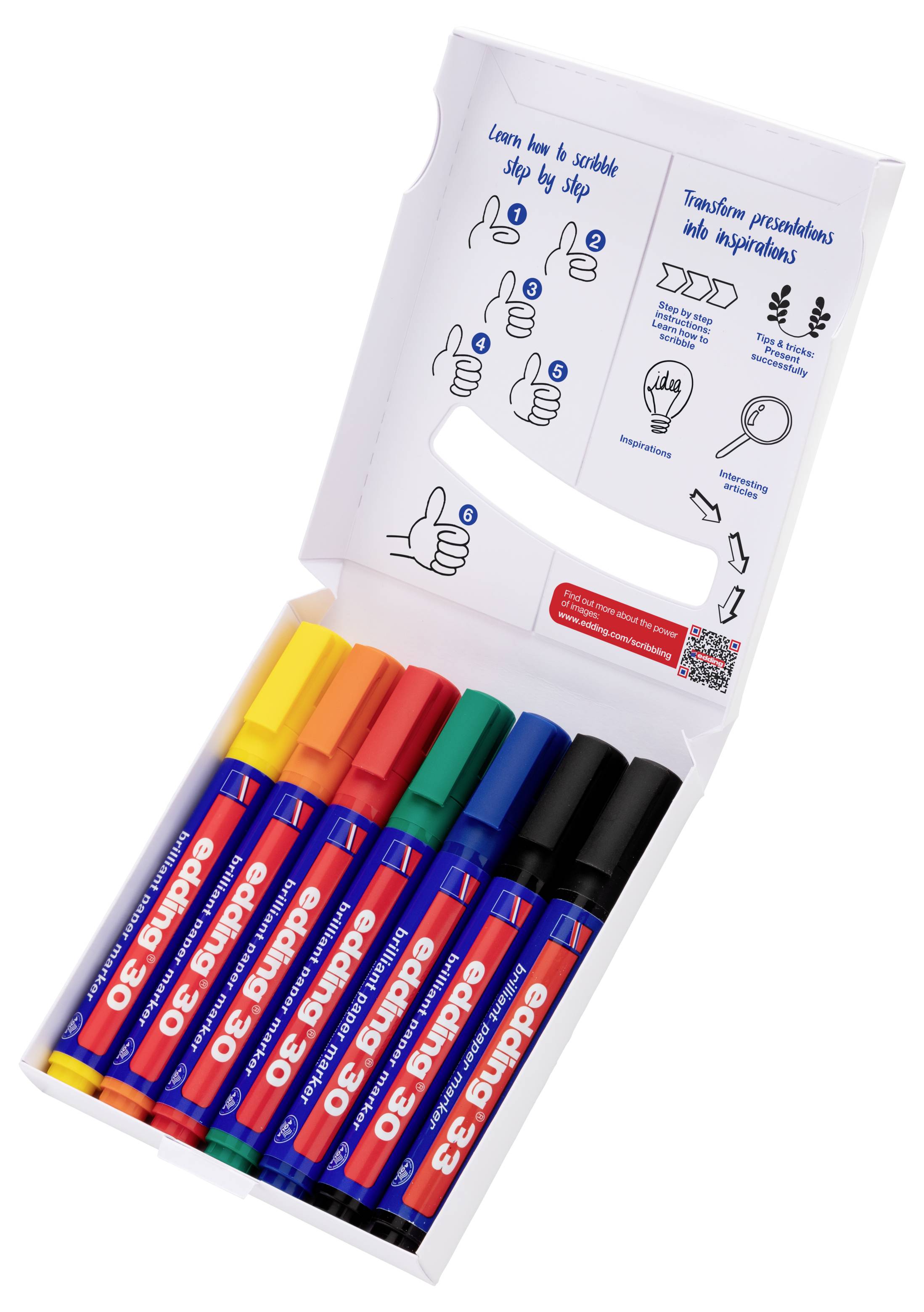 Offene Packung mit sechs bunten Crayola 3D-Markern mit Anleitung, die Schritt für Schritt zeigt, wie man sie verwendet.