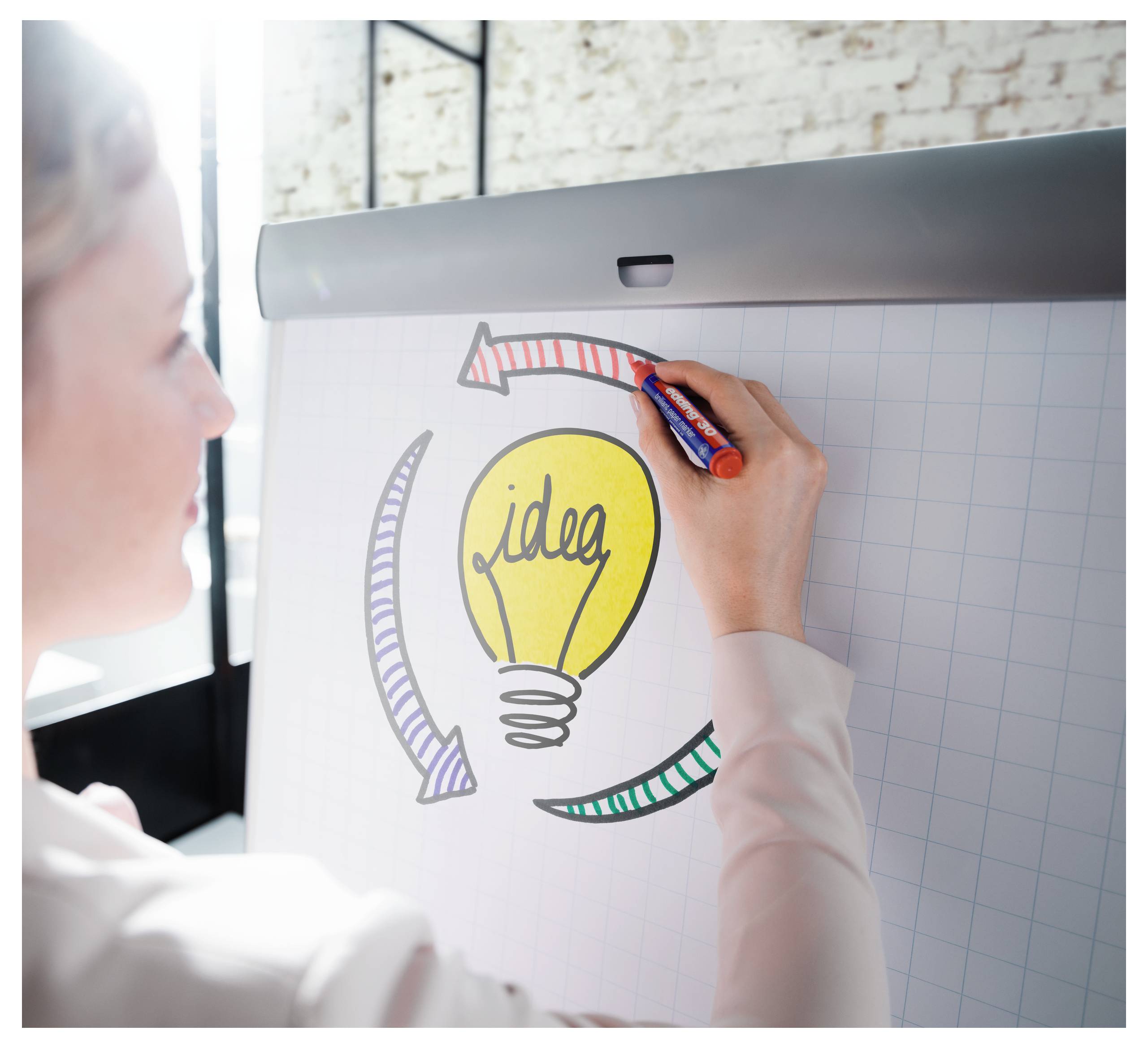 Person zeichnet eine bunte Glühbirne mit der Aufschrift "Idee" auf einem Flipchart mit Pfeilen, was auf Brainstorming oder kreative Planung hindeutet.