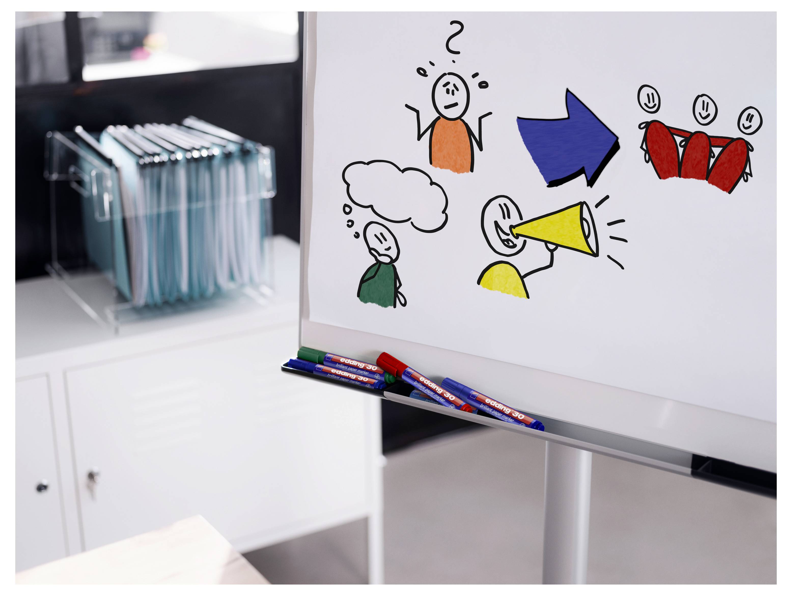 Whiteboard mit einem einfachen Kommunikationsfluss: verwirrte Person, Pfeil, Lautsprecher und Publikum, mit Markern auf der Ablage.