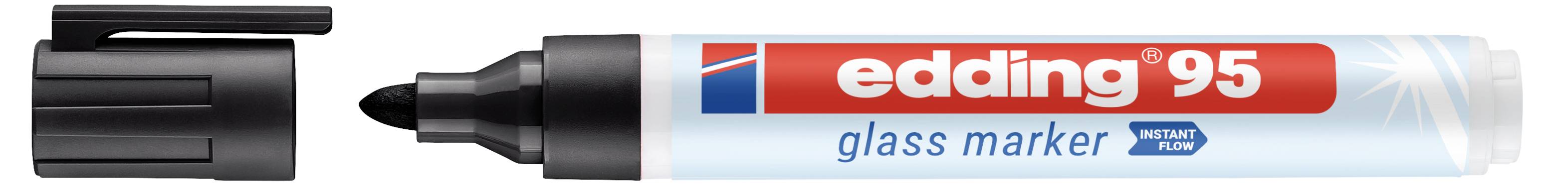 Schwarze Edding 95 Glasmarkerstift mit Kappe dargestellt, mit den Bezeichnungen „edding 95" und „Glasmarker".