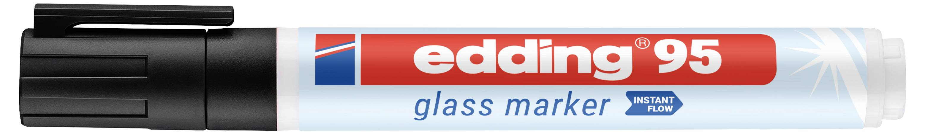Edding 95 Glasmarkerstift, weißer Schaft mit rotem und blauem Etikett, schwarze Kappe, horizontal dargestellt.