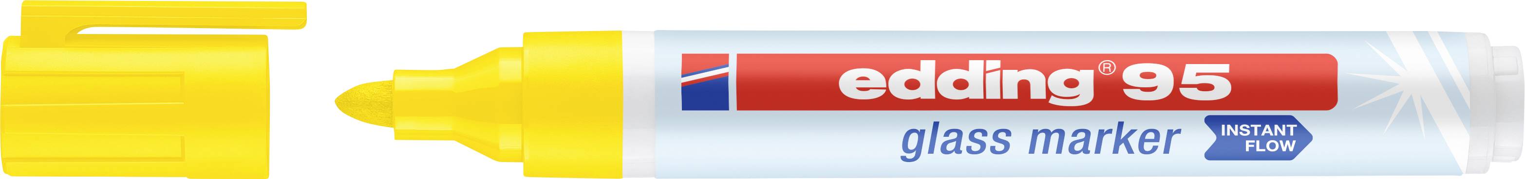 Gelber Glasmarker mit abgenommenem Deckel, Beschriftung 'edding 95 glass marker', geeignet für glatte Oberflächen.