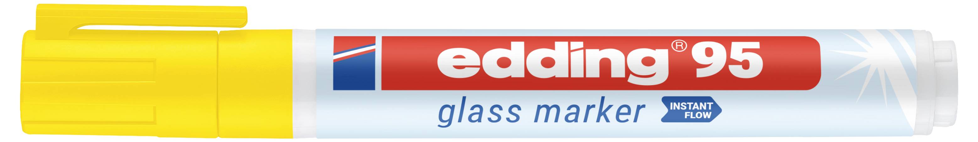 Ein gelb verschlossener Edding 95 Glasmarker mit einem rot-weißen Etikett, horizontal auf weißem Hintergrund gezeigt.