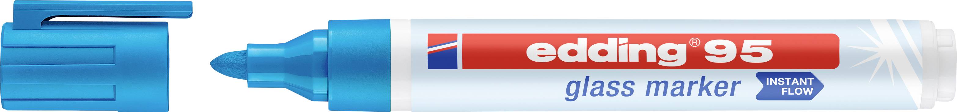 Blauer Glasmarker mit geöffneter Kappe und der Aufschrift 'edding 95 glass marker instant flow' auf dem Etikett.