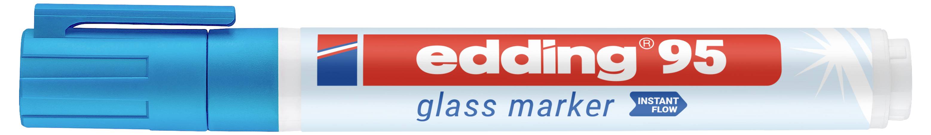 Blauer und weißer edding 95 Glasmarkerstift mit rotem Logo, horizontal dargestellt mit Kappe auf der linken Seite und Spitze auf der rechten Seite.