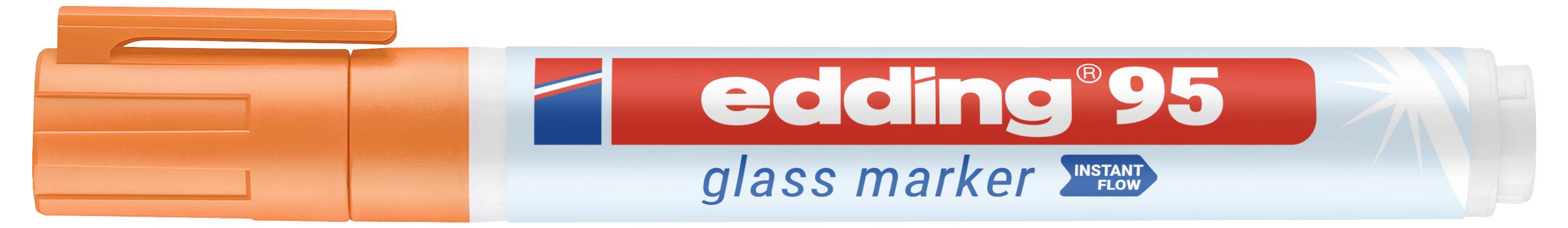 Orangenfarbener Edding 95 Glassmarker mit rot-weißem Etikett, horizontal auf weißem Hintergrund dargestellt.