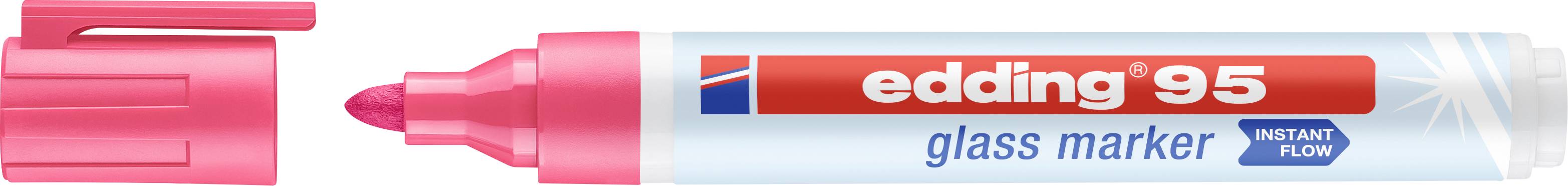 Ein pinker Glasmarker der Marke 'edding 95' liegt mit geöffneter Kappe nach links.