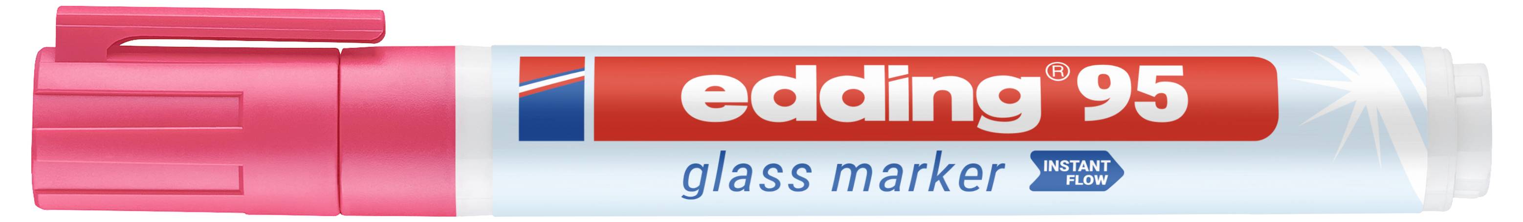 Rosafarbener Edding 95 Glassmarkerstift mit rot-weißem Etikett, horizontal auf weißem Hintergrund dargestellt.