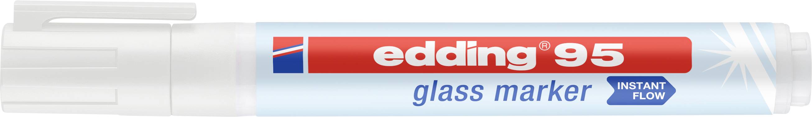 Ein weißer Edding 95 Glasmarker mit rotem 'edding 95' Logo und blauer Aufschrift 'glass marker' sowie 'instant flow' Hinweis.