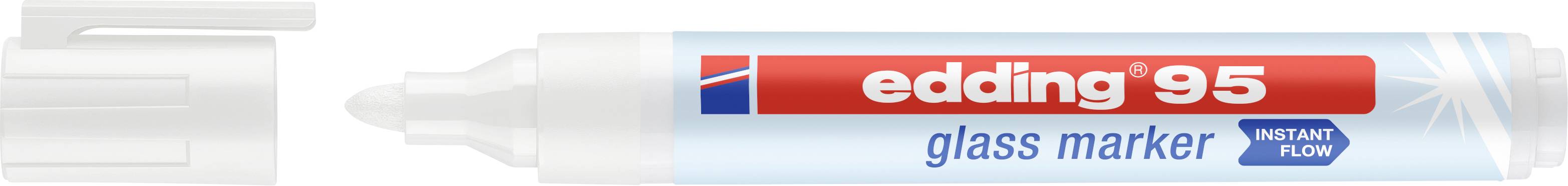 Ein weiß-blauer Glasmarker von edding 95 mit abgenommener Kappe, geeignet für Glasoberflächen, mit 'Instant Flow'-Hinweis.