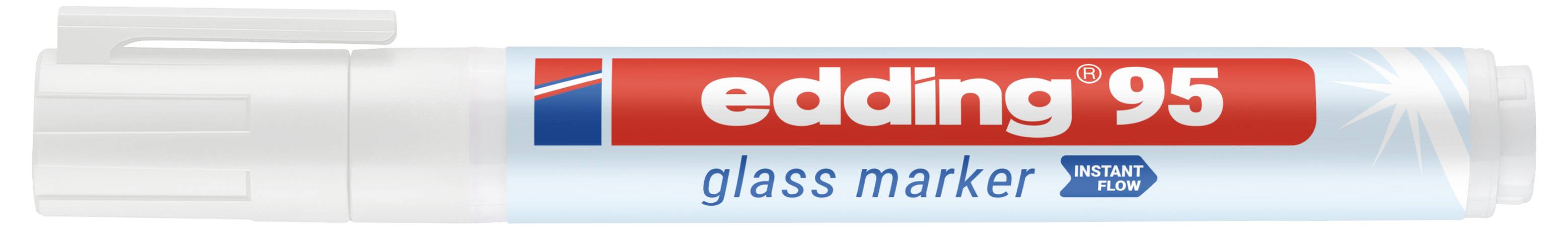 Ein weißer Edding 95 Glasmarkerstift mit rotem Etikett, blauem Spitzensymbol und Text mit der Aufschrift „edding 95 glass marker" und „instant flow".