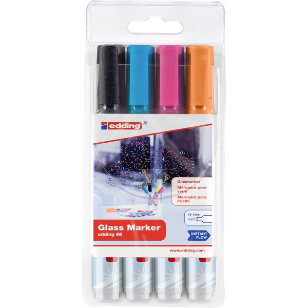 Edding 95 4-95-4-999 Glasmarker Hellblau, Orange, Pink, Schwarz 1.5 mm, 3 mm