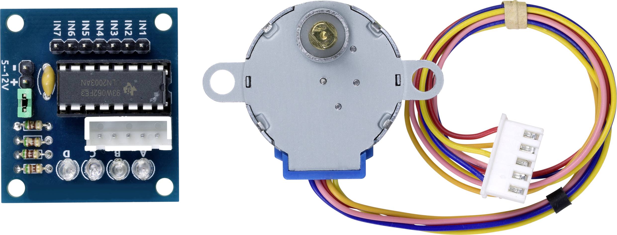 Schrittmotor mit Treiberplatine und mehrfarbigen Kabeln; geeignet für präzise motorisierte Bewegungssteuerungen in technischen Anwendungen.