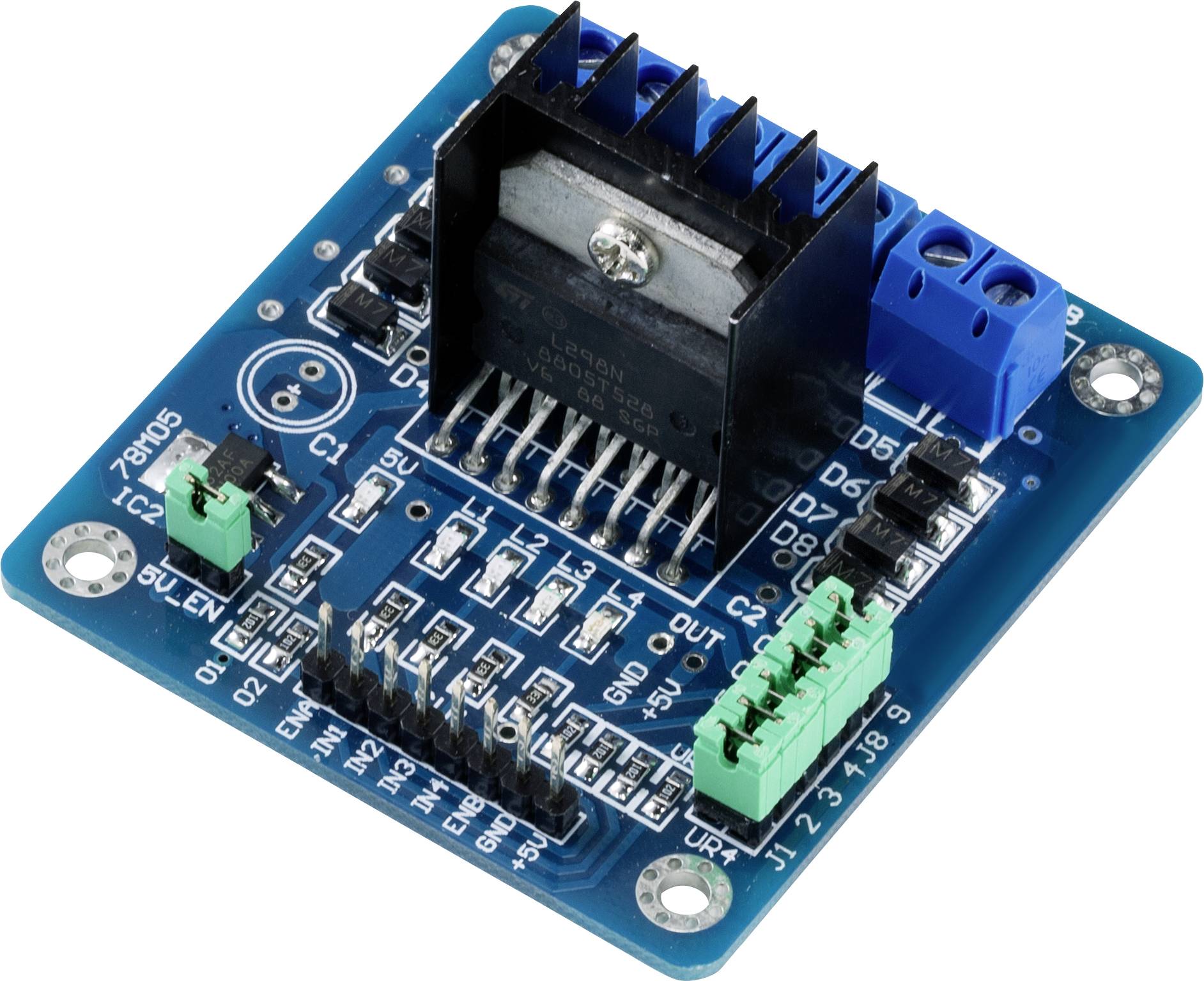Ein blauer Schaltkreis-Controller mit mehreren Anschlusspins und Schraubklemmen, geeignet für den Einsatz in elektronischen Projekten.