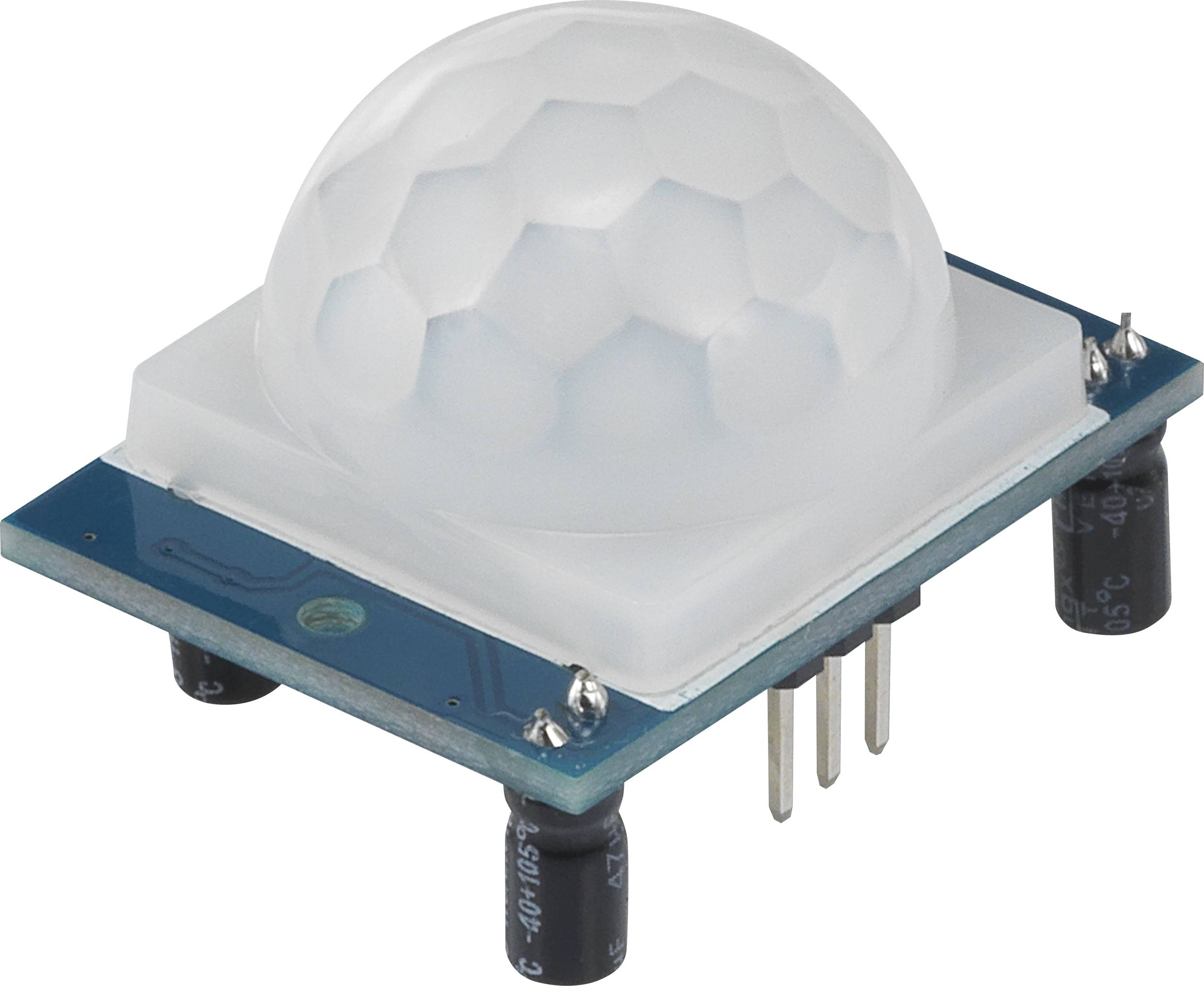 Ein PIR-Sensor (Passive-Infrarot-Sensor) mit einer weißen, halbkugelförmigen Kuppel auf einer blauen Leiterplatte mit Pins unten.