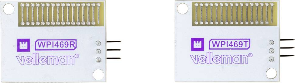 Zwei elektronische Bauteile mit Aufschrift 'Velleman' und den Bezeichnungen 'WPI469R' und 'WPI469T'. Beide haben goldene Kontakte oben.