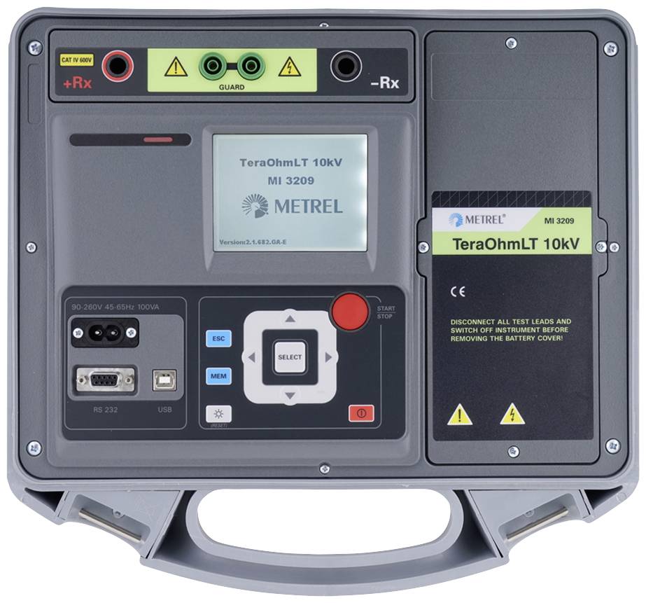 Ein elektrisches Prüfgerät mit Display, Knöpfen und Anschlüssen. Modell 'TeraOhmLT 10kV MI 3209' von Metrel.