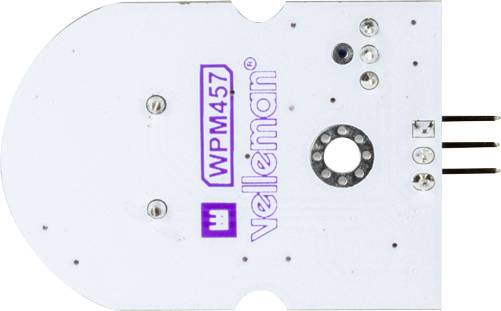 Elektronisches Modul mit der Aufschrift 'WPM457' und 'velleman'. Es hat mehrere Pins und elektronische Komponenten auf der Platine.